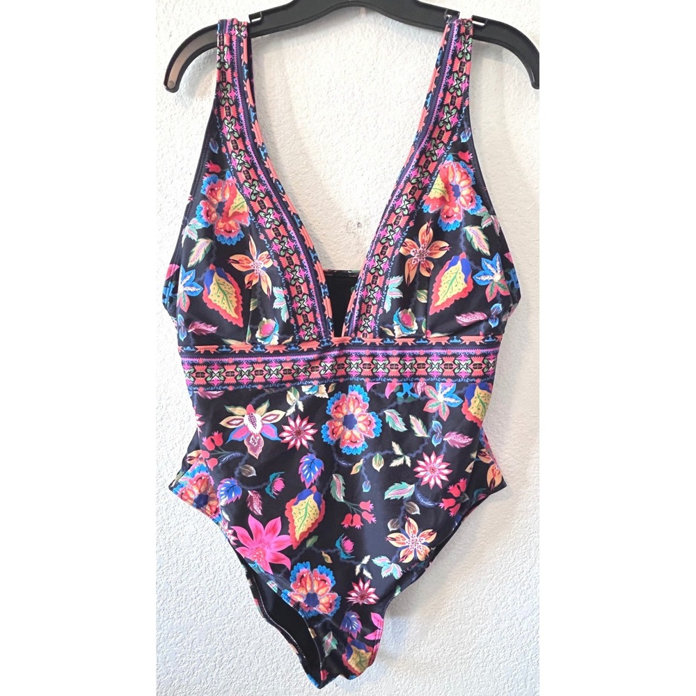 Floral V-Neck One Piece Swimsuit Black Multi Color Boho Tropical 2XL